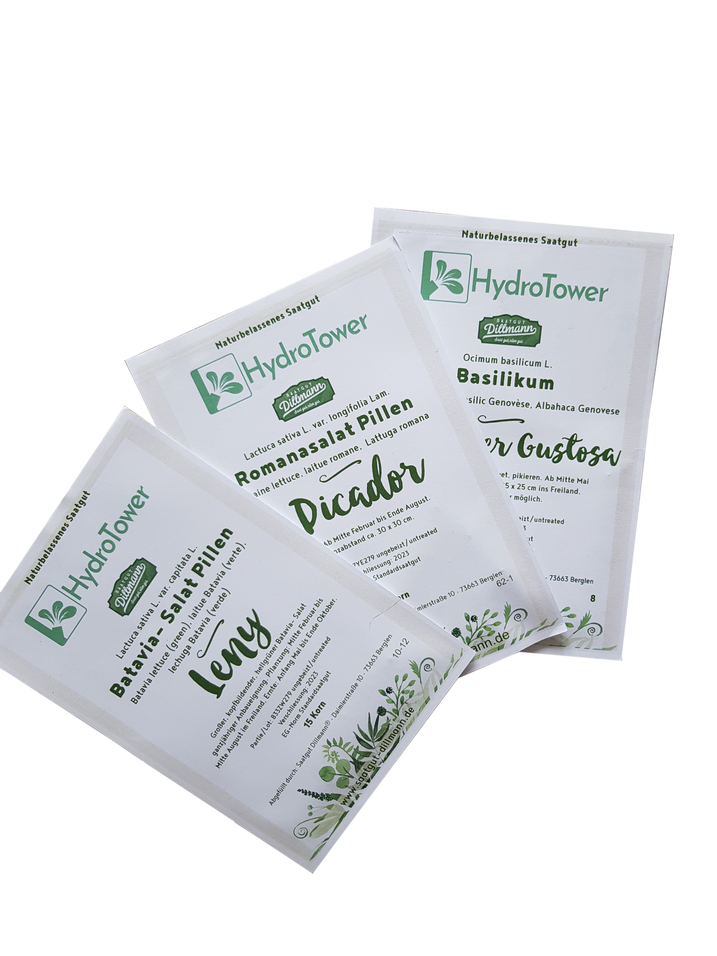 Samen von Batavia-Salat, Romana-Salat und Basilikum. Teil des Zubehör Basic-Set und Pro-Set